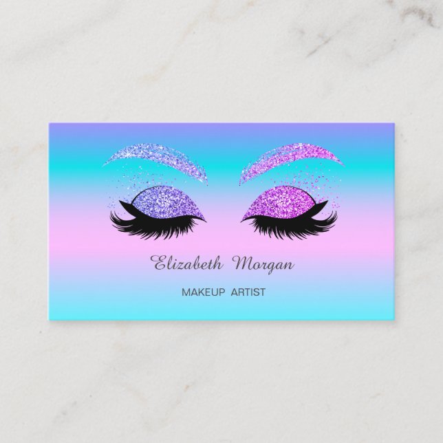 Elegant Glitter Faux Lashes Holographic Ombre Business Card (Front)