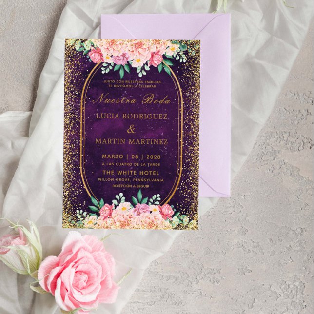 Elegant Glitter Floral Gold Purple Nuestra Boda Invitation (Creator Uploaded)