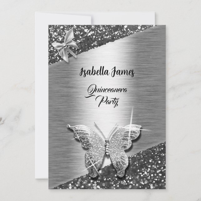 elegant glitter foil sparkle chic silver Butterfly Invitation (Front)