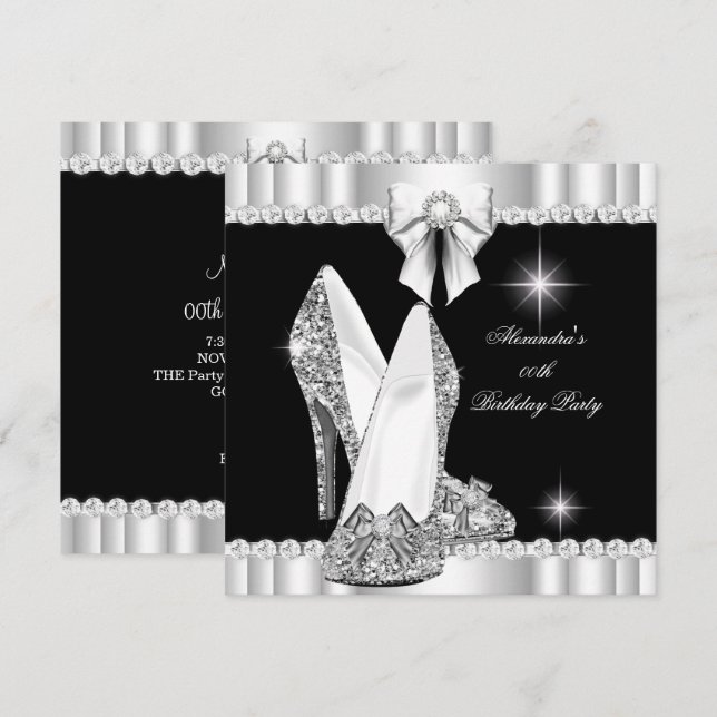 Elegant Glitter Glamour Hi Heels Silver Black Invitation (Front/Back)
