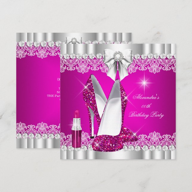 Elegant Glitter Glamour Hot Pink Hi Heels Lipstick Invitation (Front/Back)
