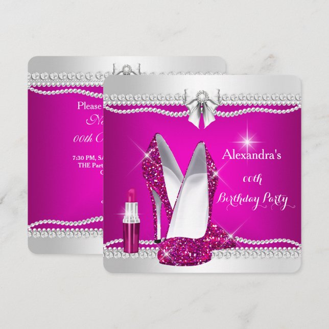 Elegant Glitter Glamour Pink High Heels Lipstick Invitation (Front/Back)