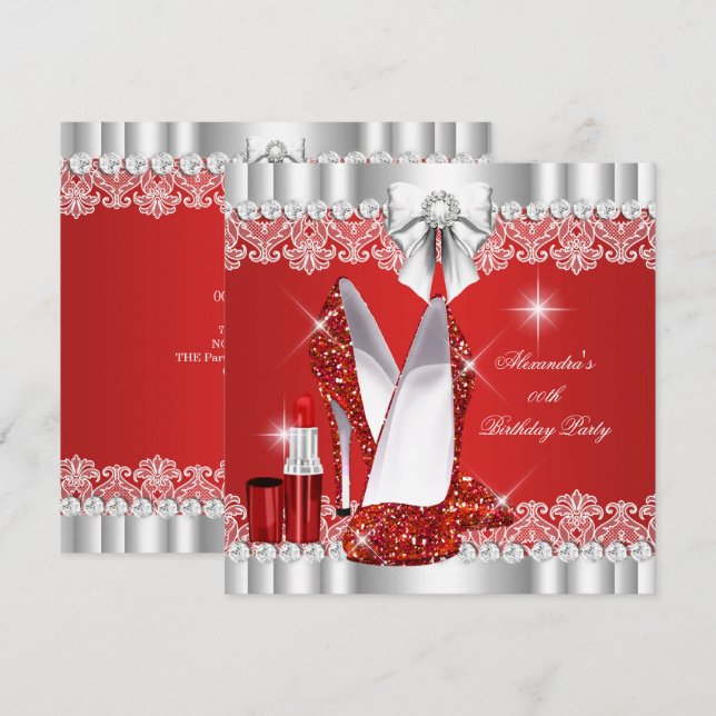Elegant Glitter Glamour Red Hi Heels Lipstick Invitation (Front/Back)