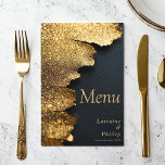 Elegant glitter Gold and Black wedding Menu Card<br><div class="desc">This stunning menu card features a luxurious gold foil texture paired with a sleek black background and elegant gold typography. Ideal for weddings,  banquets,  or formal dining events,  this design perfectly complements upscale and modern themes. Showcase your event’s menu with this stylish and sophisticated stationery piece.</div>