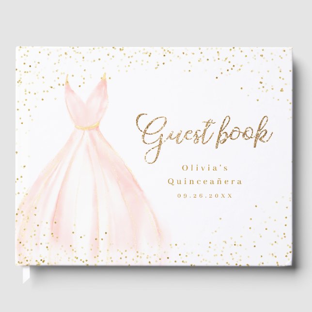 Elegant glitter gold and blush dress quinceañera guest book (Front)