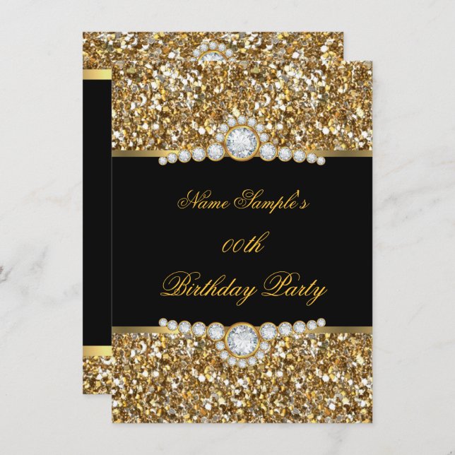 Elegant Glitter Gold Black Diamond Birthday Invitation (Front/Back)