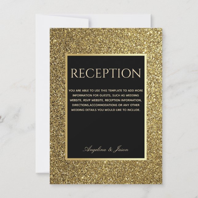 Elegant Glitter Gold Black Wedding Reception Card (Front)