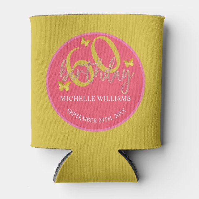 Elegant Glitter Gold Butterfly Calligraphy  Can Cooler (Front)