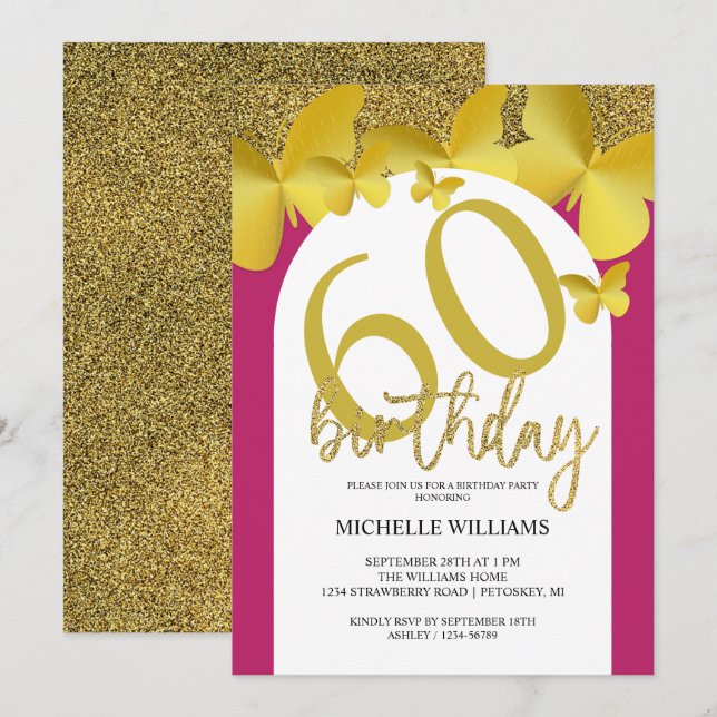 Elegant Glitter Gold Butterfly Calligraphy  Invitation (Front/Back)