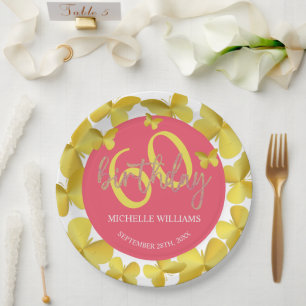Elegant Glitter Gold Butterfly Calligraphy Paper Plate