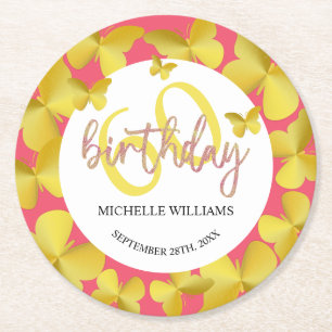 Elegant Glitter Gold Butterfly Calligraphy  Round Paper Coaster