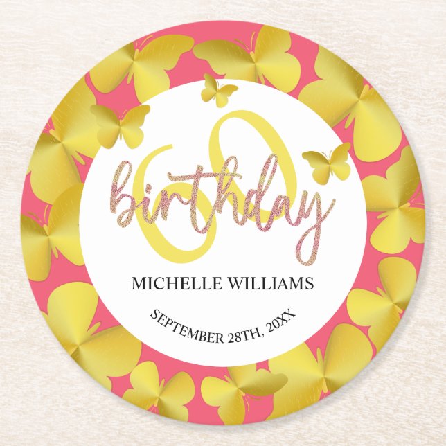 Elegant Glitter Gold Butterfly Calligraphy  Round Paper Coaster (Front)