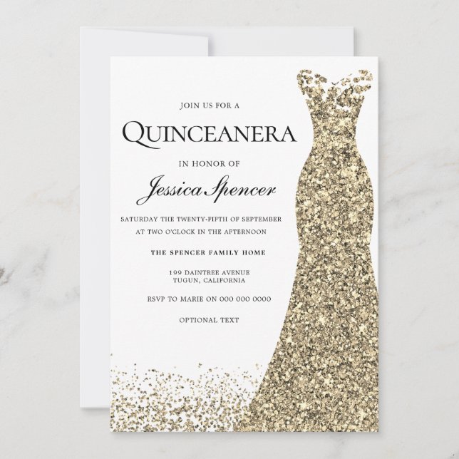 Elegant Glitter Gold Dress Quinceanera Invite (Front)