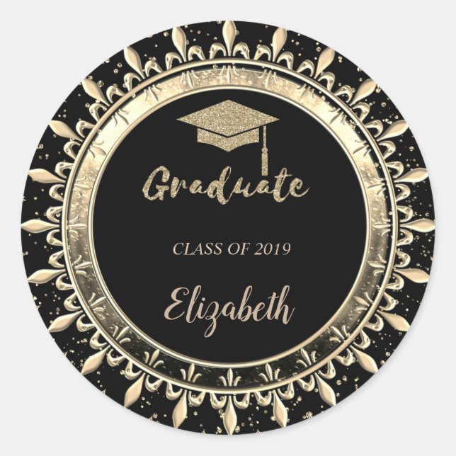 Elegant Glitter Gold Grad Cap,Confetti Classic Round Sticker (Front)