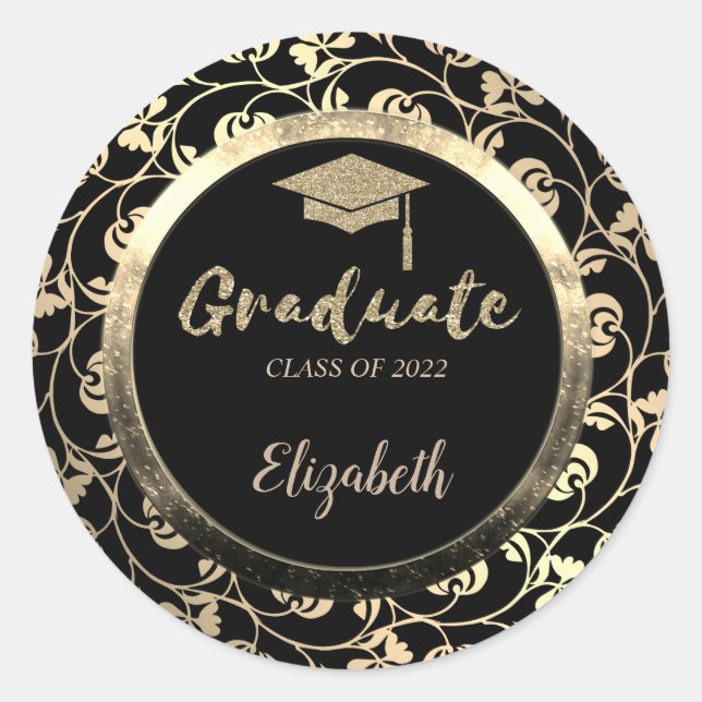Elegant Glitter Gold Grad Cap,Floral Classic Round Sticker (Front)