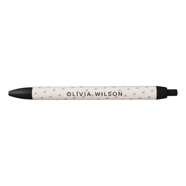 Elegant Glitter Gold Hearts Pattern Script Name Black Ink Pen (Front)