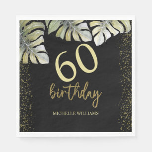 Elegant Glitter Gold Palm Calligraphy Birthday Napkin