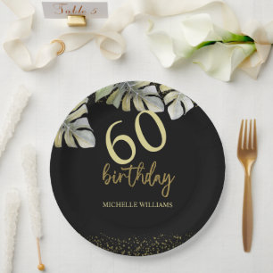 Elegant Glitter Gold Palm Calligraphy Birthday Paper Plate