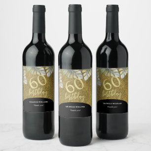 Elegant Glitter Gold Palm Calligraphy Birthday Wine Label