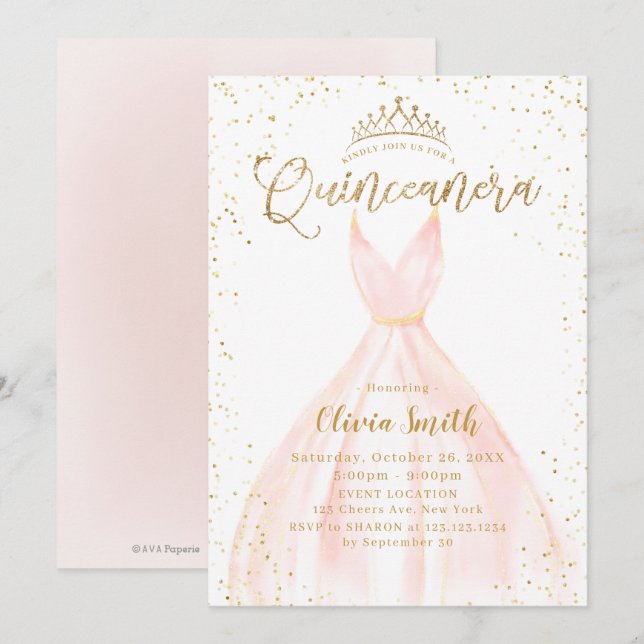 Elegant glitter gold & pink Cinderella Quinceañera Invitation (Front/Back)