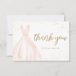 Elegant glitter gold pink dress quinceañera thank you card