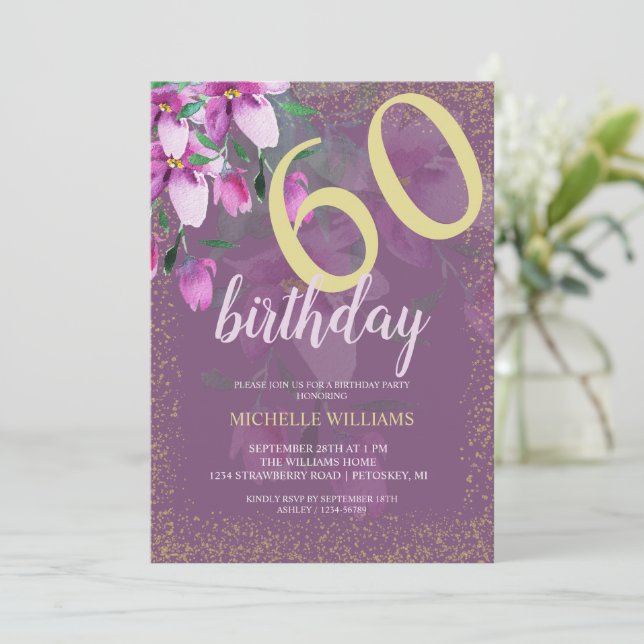 Elegant Glitter Gold Watercolor Floral Chic Invitation (Standing Front)