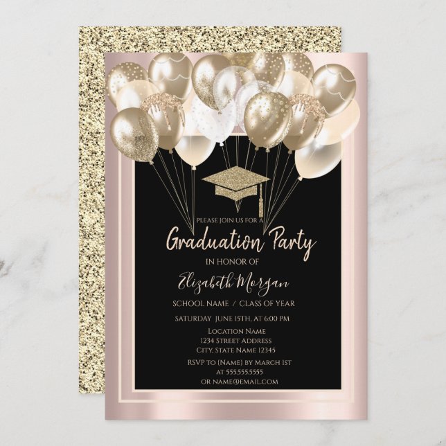 Elegant Glitter Grad Cap,Balloons Rose Gold  Invitation (Front/Back)