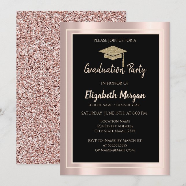 Elegant Glitter Graduation Cap Rose Gold Glitter Invitation (Front/Back)