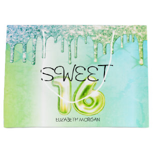 Elegant Glitter Green Drips Green Sweet 16 Large Gift Bag
