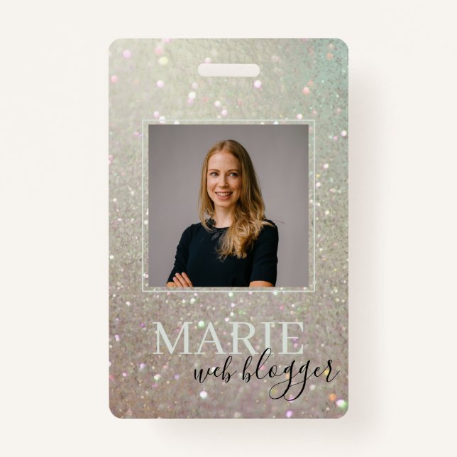 Elegant Glitter Green Pink Aqua Shiny Photo ID Badge (Front)