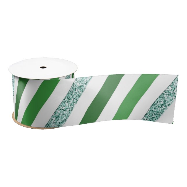 Elegant Glitter Green Stripes,Christmas Satin Ribbon (Spool)