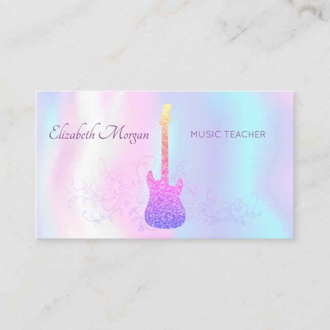 Elegant,Glitter Guitar,Hologrphic Music Teacher Business Card (Front)