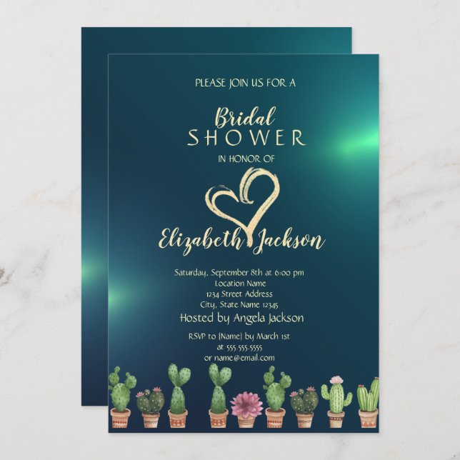 Elegant Glitter Heart Cactus Green Bridal Shower  Invitation (Front/Back)
