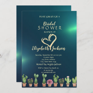 Elegant Glitter Heart Cactus Green Bridal Shower  Invitation