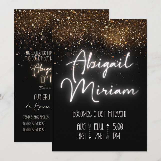 Elegant Glitter Hebrew Bat Mitzvah Invitation (Front/Back)