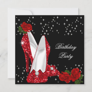 Elegant Glitter High Heels Red Rose Birthday 3 Invitation