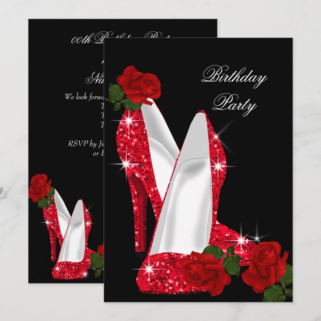 Elegant Glitter High Heels Red Rose Black Birthday Invitation (Front/Back)