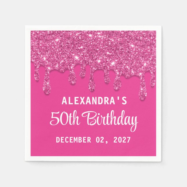 Elegant Glitter Hot Pink Drips 50th Birthday Napkin (Front)
