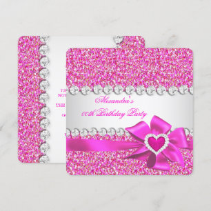 Elegant Glitter Hot Pink Heart Bow Birthday Party Invitation