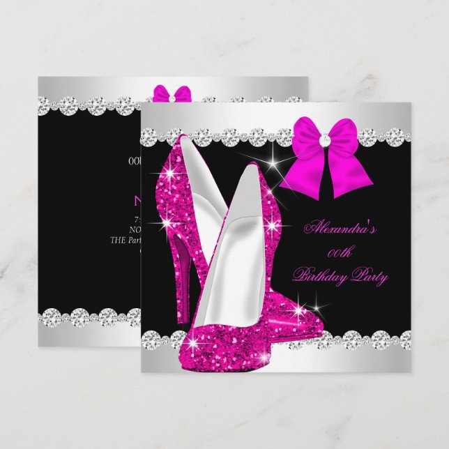 Elegant Glitter Hot Pink High Heels Birthday Invitation (Front/Back)