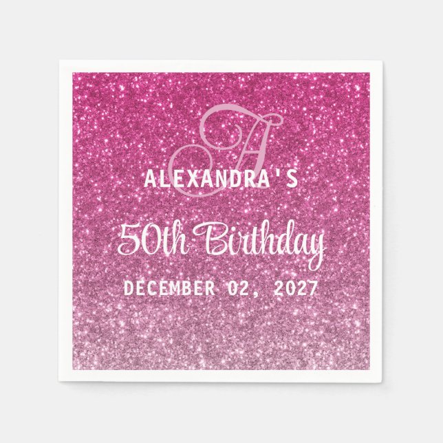 Elegant Glitter Hot Pink Ombre 50th Birthday Napkin (Front)