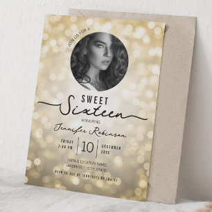Elegant Glitter Lights Sweet 16 Birthday Gold Invitation