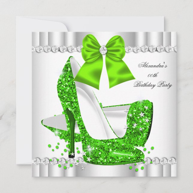 Elegant Glitter Lime Glamour High Heels White Invitation (Front)