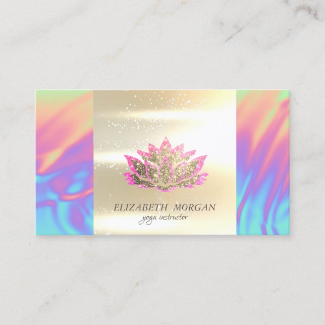 Elegant Glitter Lotus Holographic Yoga Instructor Business Card (Front)