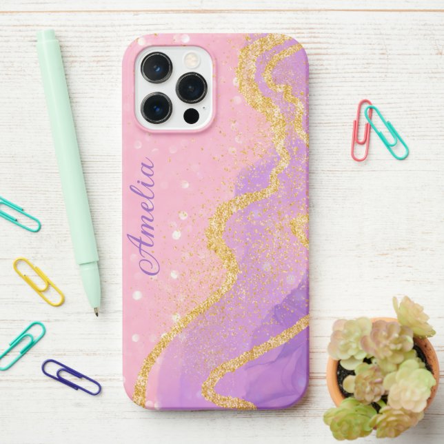 Elegant Glitter monogrammed Name iPhone Case (On Desk)