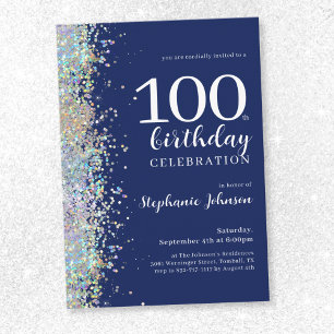 Elegant Glitter Navy Blue 100th Birthday Party Invitation