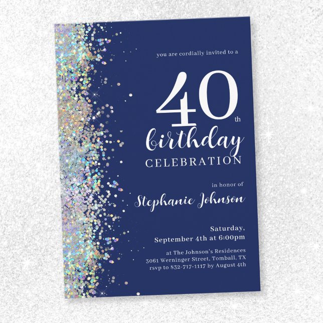 Elegant Glitter Navy Blue 40th Birthday Invitation (Elegant Glitter Navy Blue 40th Birthday Invitation)