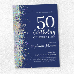Elegant Glitter Navy Blue 50th Birthday Party Invitation