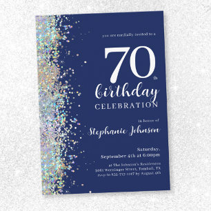 Elegant Glitter Navy Blue 70th Birthday Party Invitation
