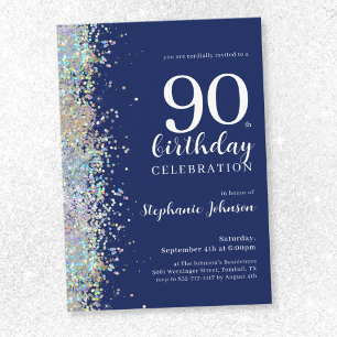 Elegant Glitter Navy Blue 90th Birthday Party Invitation